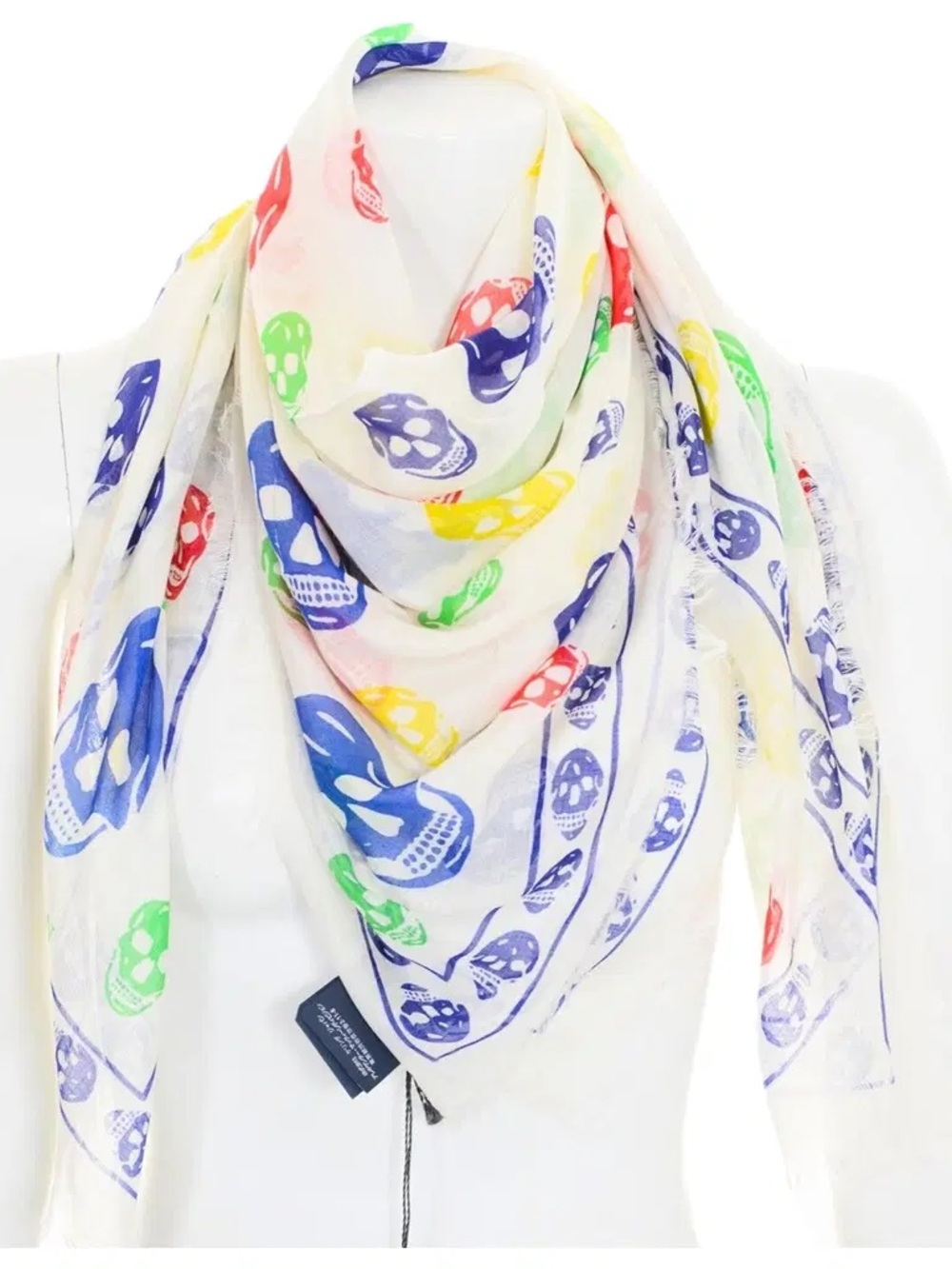 Authentic New Alexander McQueen White Chiffon Scarf w/ multi color Skull motif